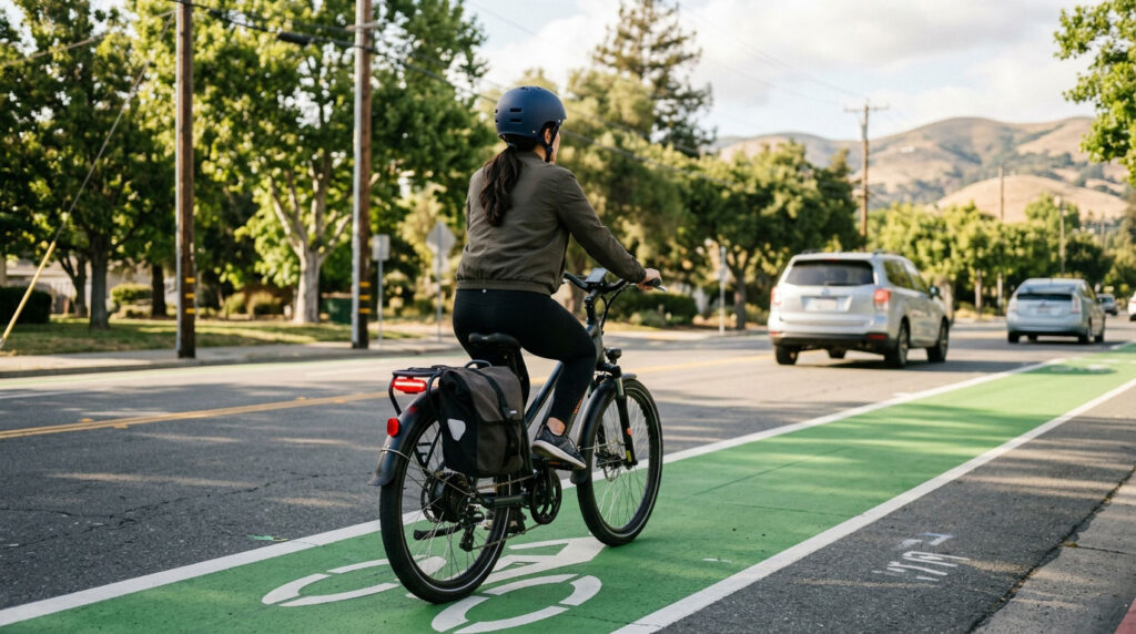Rear view of a person wearing a blue helmet riding an electric bicycle with panniers along a green painted bike lane on a suburban street.