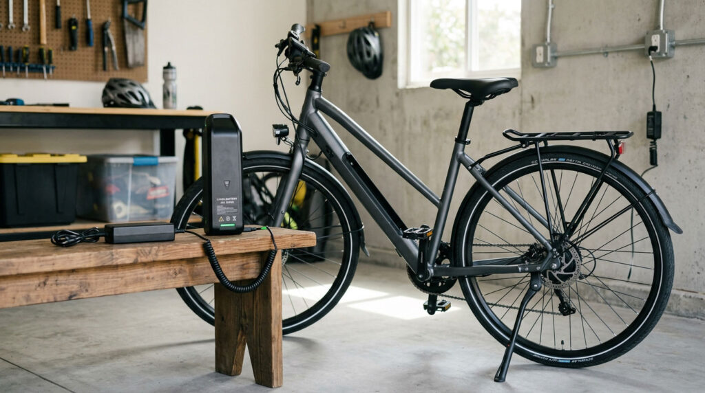 A dark gray electric bicycle stands on its kickstand in a garage while its removable battery pack charges on a wooden bench nearby.