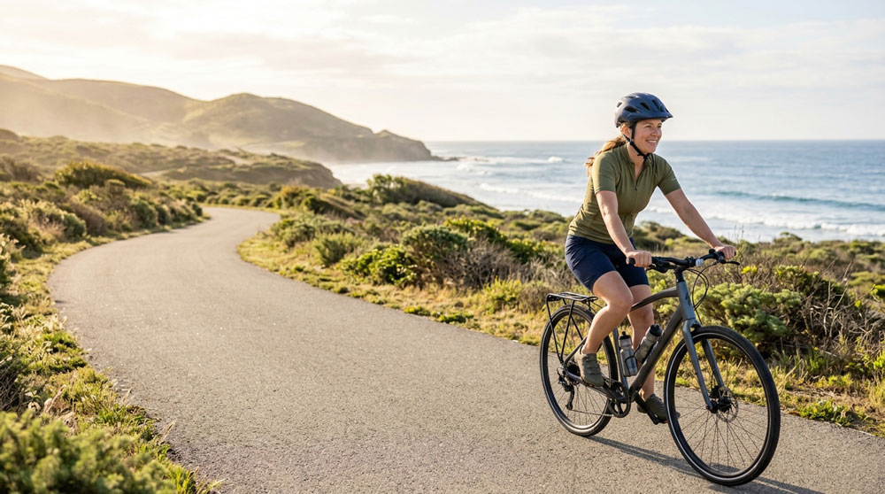 A woman wearing a helmet and green cycling jersey rides a bicycle on a paved winding coastal path next to rolling hills and the ocean.