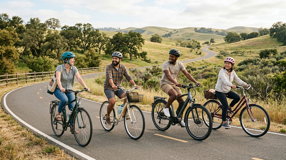 Four diverse friends wearing helmets smile and ride bicycles together side by side on a paved bike path through scenic rolling hills.