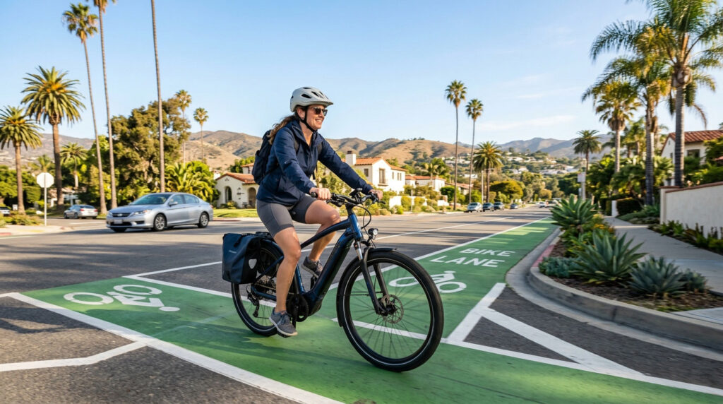 A woman wearing a helmet and sunglasses rides an electric bicycle along a green painted bike lane on a suburban street lined with palm trees and hills.